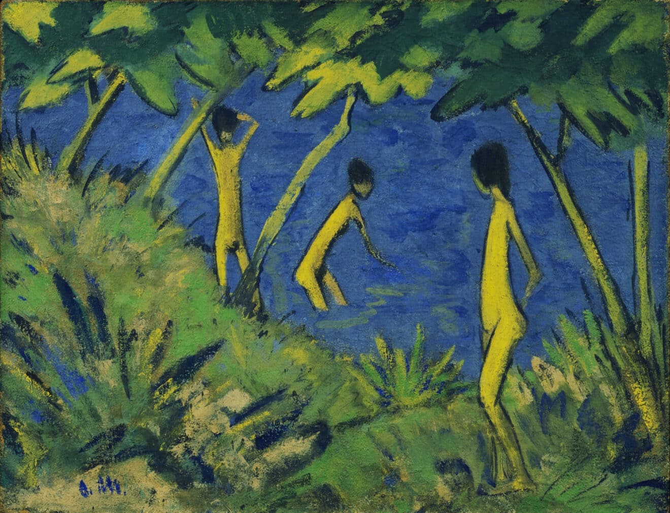 Nude paintings in nature- Otto Mueller, Landscape with Yellow Nudes (Landschaft Mit Gelben Akten), ca. 1919, Museum of Modern Art, New York, NY, USA.